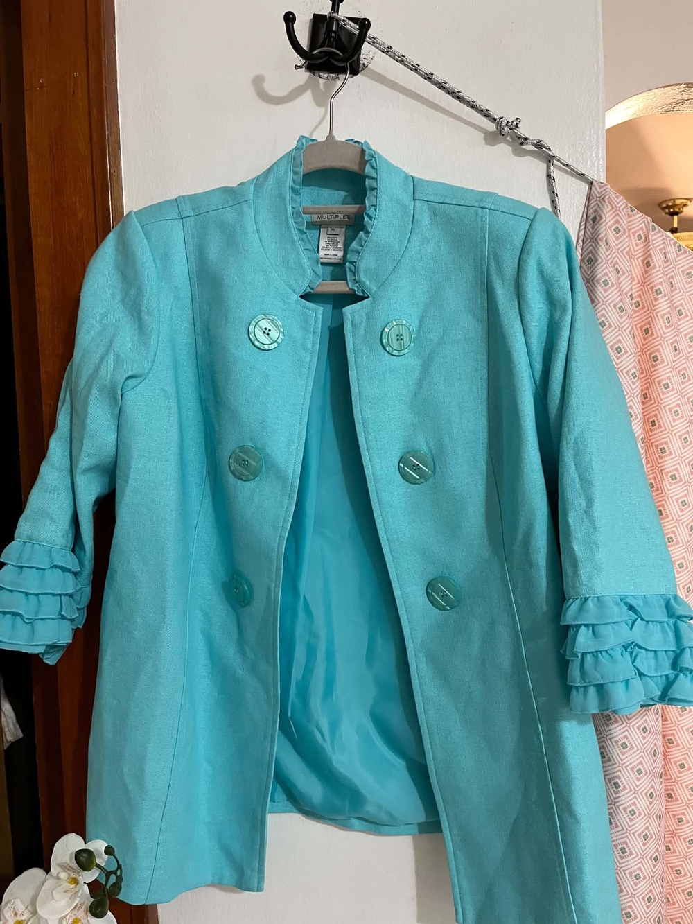 Multiples Aqua Ruffle-Cuff Collarless Jacket - Picture 2 of 11